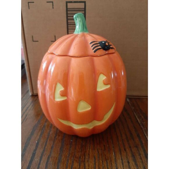 Hallmark Pumpkin Jack O Lantern Spider Halloween Cookie Treat Candy Jar Ceramic